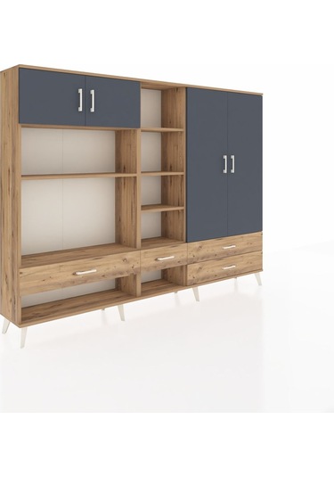 Arges Dolap 12 Raflı 4 Çekmeceli 4 Kapaklı 220x30x163 Çam-antrasi Çam-antrasit/çam