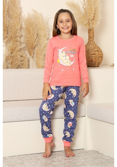 Kız Çocuk %100 Pamuk İnterlok Kumaş Pijama Takımı 6-15 Yaş 12421 Somon Rengi