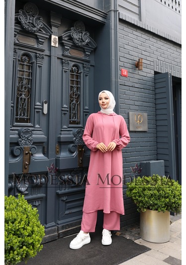 Kadın Pembe Aerobin Uzun Kapşonlu İkili Takım T0221 Pembe