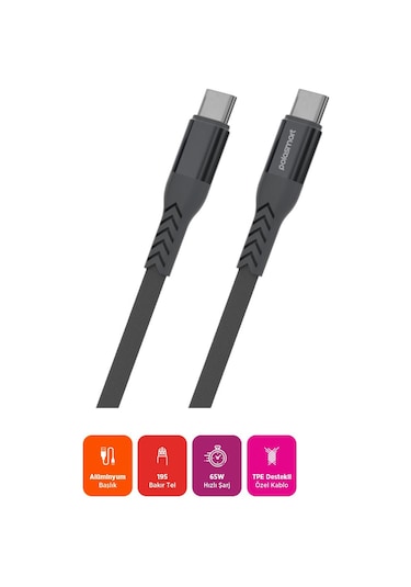 Polosmart Pbs421 Hızlı 65w Type-c To Type-c Şarj Ve Data Kablosu 1.2 Metre Gri