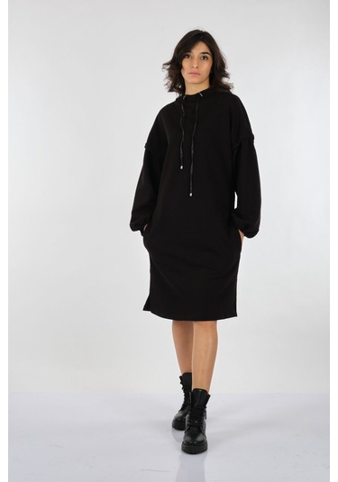 Unique Mode Oversize Kapüşonlu Balon Kol Midi Elbise - Günlük Şıklık Siyah