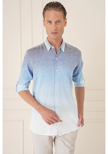 Comfort Fit Apoletli Degrade Desen Esnek Pamuk Mavi Gömlek G 1575 Mavi