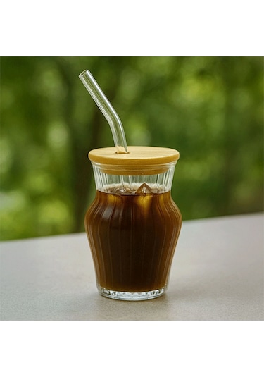 Çizgili Chubby Borosilikat Cam Bardak 500 Ml - Bambu Kapaklı Şeffaf