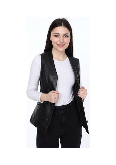 Deriwork Hakiki Deri Siyah Tiago Düğmeli Kadın Deri Yelek Siyah
