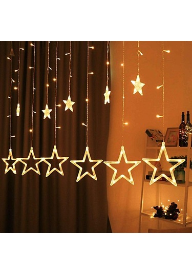Led Perde Fişli Dekoratif Yıldızlı Saçaklı 12 Adet Yıldız
