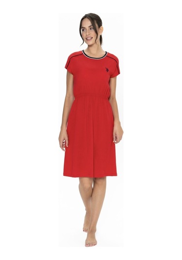 U.s. Polo Assn. 20008 Kadın Kırmızı Kısa Kollu Belden Büzgülü Gecelik Kırmızı