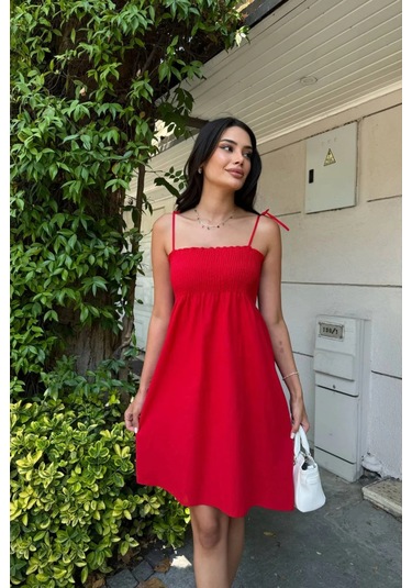 Kısa Pamuklu Yaz Elbisesi Askısı Bağlamalı Astarsız Kırmızı