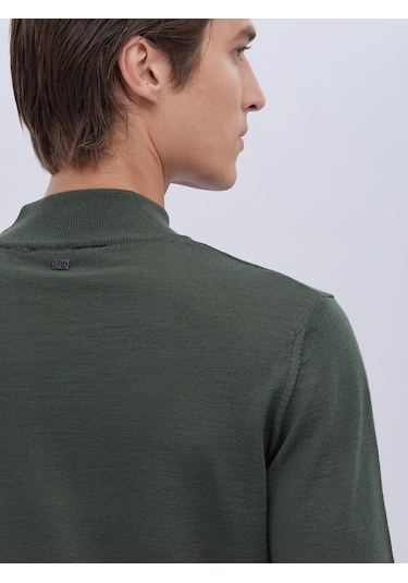 Kip Yeşil Yarım Balıkçı Yaka Düz Örgü Yün Karışımlı Triko Çok Renkli