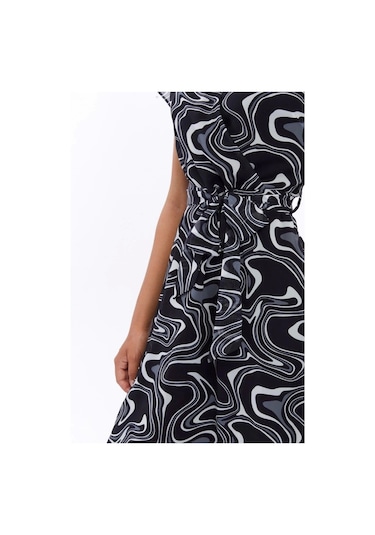 Kadın Desenli Kruvaze Yaka Midi Şifon Elbise 4445/110 Gri