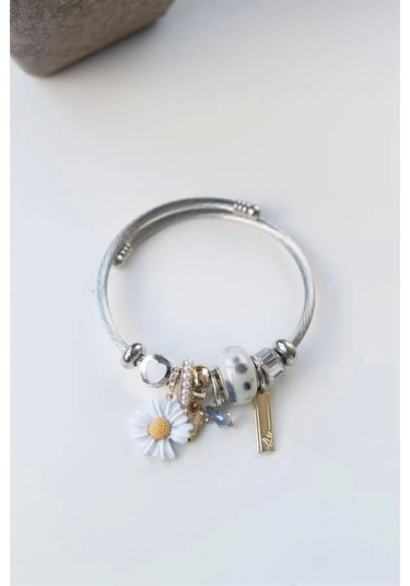 Çelik Charmlı Papatya Bileklik - Beyaz Çok Renkli