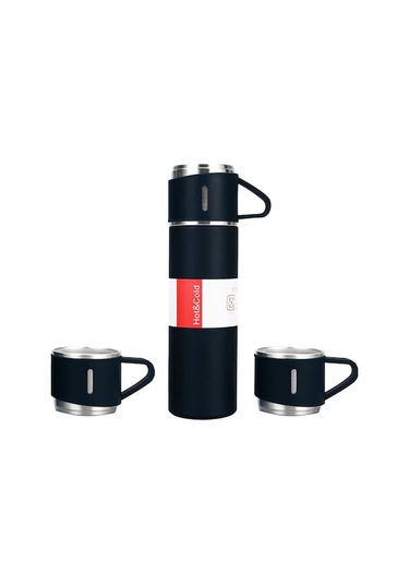 Ranyeek 304 Çelik Isı Saklama Termos Seti, 500ml, Taşınabilir, Araçta Kullanım, Sıcak/soğuk İçme, 3 Bardaklı, Sıcak Muhafaza, Sürdürülebilir Siyah Siyah