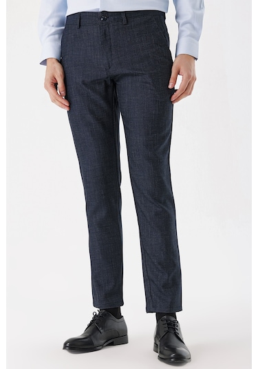 MORVEN  Erkek Lacivert Poliviskon Desenli Slim Fit  Pantolon