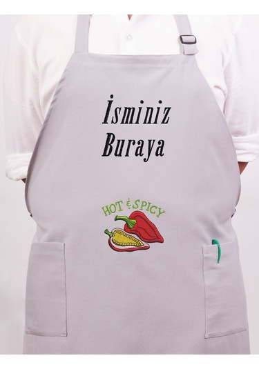 Mutfak Önlüğü Kişiye Ve İsme Özel Nakışlı Mutfak Önlüğü Biber02 Farklı Renkler Gri