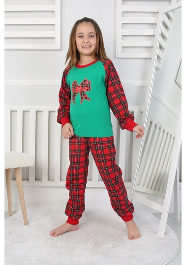 Kız Çocuk Pijama Takımı Papyon Yeşil