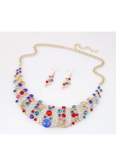 Dancemonkey Zincir Takı Seti Şampanya Rhinestone Parti Küpe Kolye Kanca Kakma Gelin Düğün Lo Çok Renkli