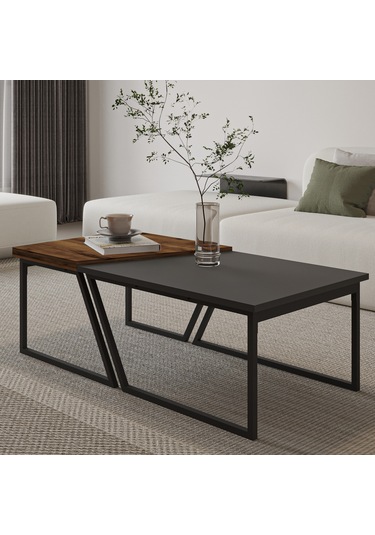 Verona İkili Orta Sehpa Modern Tasarım Metal Ayaklı Sehpa Seti Antrasit/antik Ceviz