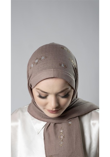 Koyu Vizon Pratik Hazır Geçmeli Tesettür Şal Örme Kumaş Taşlı Çiçek Desenli 2118c 38