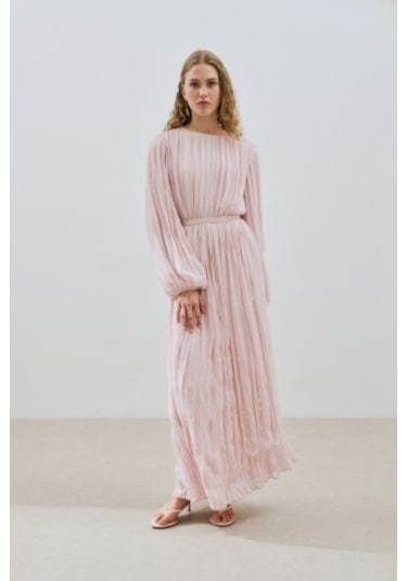 Piliseli Şifon Elbise Pudra Pudra
