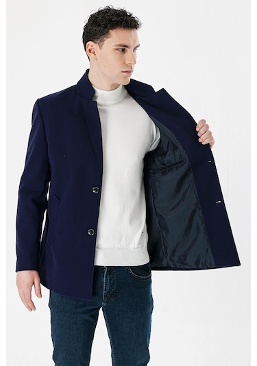 Koyu Lacivert Kaşe Dik Yaka Astarlı Slim Fit Dar Kesim Casual Mont 1007235170-Koyu Lacivert