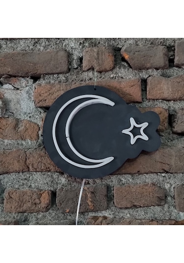 Ay Yıldız Neon Ledli Duvar Aydınlatması Siyah