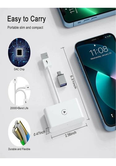 Skycıty İphone İçin Kablosuz Carplay Adaptörü, Arabalara Uygun Otomatik Bağlantı Beyaz