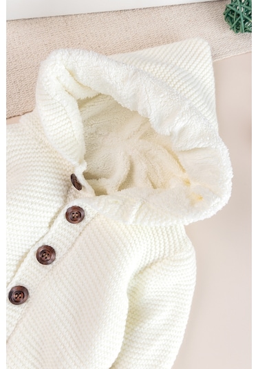 Triko Örme Welsoft Astarlı Kapüşonlu Kışlık Bebek Tulum Krem