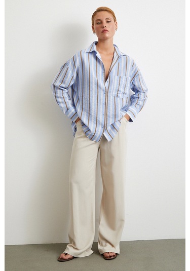 Kahve Çizgili Gömlek Mavi Mavi