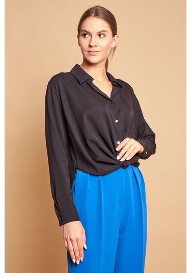 Yakalı Önü Pileli Uzun Kol Likrasız Şık Kumaş Gömlek-siyah Siyah