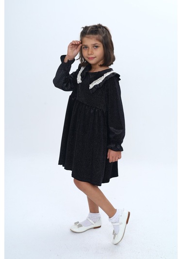 Toontoy Kız Çocuk Yaka Detaylı Fırfırlı Elbise Siyah