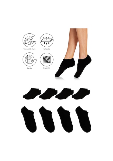 Bambu Kadın Sneaker Siyah Çorap Dikişsiz Görünmez Bilek Spor 4'lü Siyah