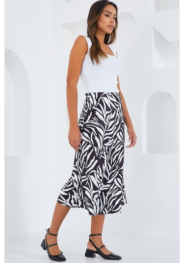 Kadın Siyah Beyaz Desenli Saten Etek 15806 15806bgd19-741-14927 001