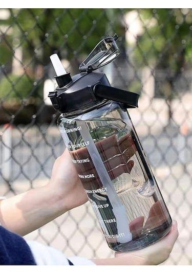 Pipetli Motivasyonel Su Matarası 2 L Siyah