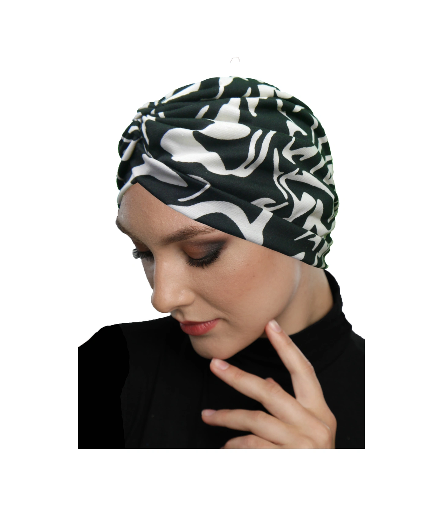 Gölge Dansı Desenli Çapraz Ve Bant Detaylı Astarlı Hazır Türban Tesettür Havuz Bonesi Siyah-krem