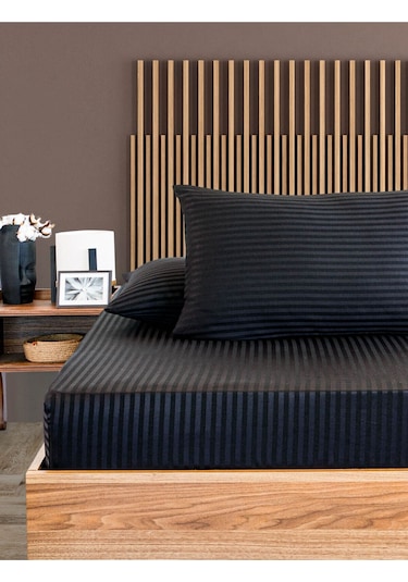 Çizgili Pamuk Saten 1 Adet 100x200 30 Tek Kişilik Lastikli Çarşaf Siyah