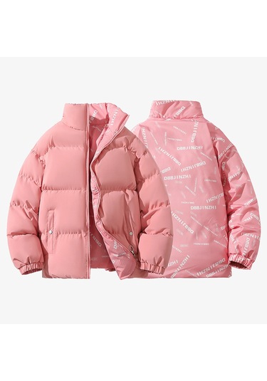 Kışlık Dik Yaka Şişme Mont Erkek Çift Taraflı Bol Pamuklu Dolgulu Ceket Öğrenci Çift Kıyafeti Günlük Sade Pamuklu Dolgulu Mont Pembe