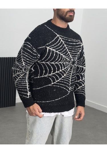 Örümcek Ağı Desenli Siyah Erkek Peluş Sweatshirt Coc1200 Siyah