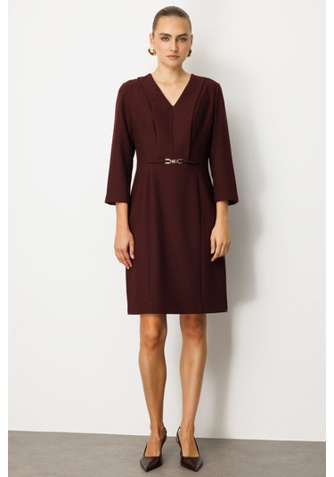 Ekol Kadın Beli Metal Aksesuarlı Midi Elbise 4033 Bordo Bordo