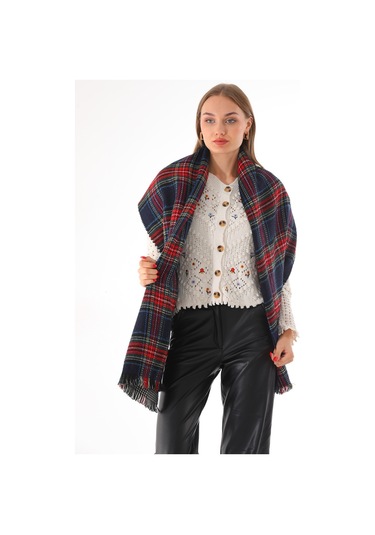 Çift Taraflı Yumuşak Dokulu Lacivert Iskoç Şal Atkı Lacivert