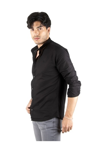 Deepsea Erkek Siyah Hakim Yaka Flamlı Keten Gömlek Siyah