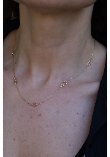 14 Ayar Altın Sıralı Kalp Ve Kurdeleli Kolye Sarı Altın