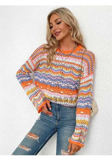 Kadın Gökkuşağı Bisiklet Yaka Çizgili Örgü Kazak Kazak Uzun Kollu Günlük Gevşek Büyük Boy Üstler Mavi