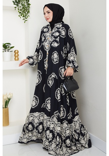 Giral Dokuma Viskon Elbise 1543 - Siyah Siyah
