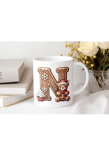 N Kurabiye Harf Ve Ayıcık Detaylı Kupa Bardak - Yeni Yıl / Yılbaşı Temalı Tasarım - Noel Hediye Beyaz