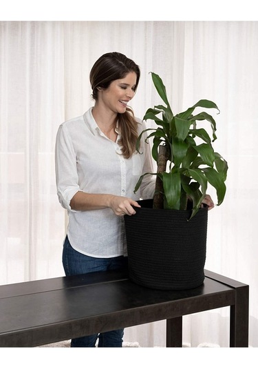Ikili Dekoratif Jüt Saplı Hasır Sepet Saksı 30 Cm Ve 25 Cm , Dekoratif Saksı Ve Havluluk Siyah