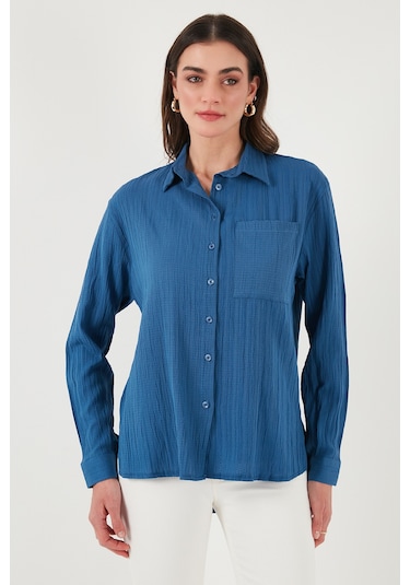 Lela Regular Fit Tek Cepli Önü Kısa Arkası Uzun Krinkıl Bayan Gömlek 6772752 Indigo