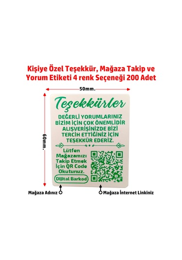 Kişiye Özel Teşekkür Kart Etiketi, Mağaza Takip, Yorum 6x5 200 A