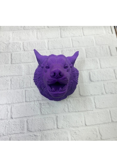 Mor Renk 3d Kurt Başı Duvar Dekoru Asılabilir Maskot Heykel 25x19 Cm