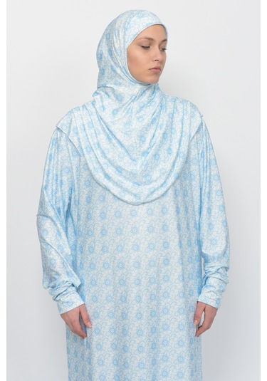 Pratik Tek Parça Güneş Desenli Kollu Tak Çıkar Başörtülü Likralı Tesettür Namaz Elbisesi 990-0302 Mavi Antrasit