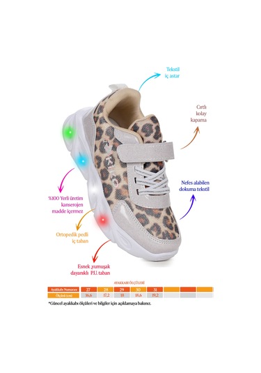 Kiko Kids Teno Cırtlı Işıklı Leopar Kız Çocuk Spor Ayakkabı Beyaz Beyaz