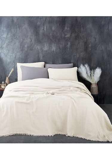 %100 Pamuk Müslin Yatak Örtüsü Seti Tek Kişilik 4 Kat Yumuşak Müslin Pike Takımı Battaniye Krem Krem